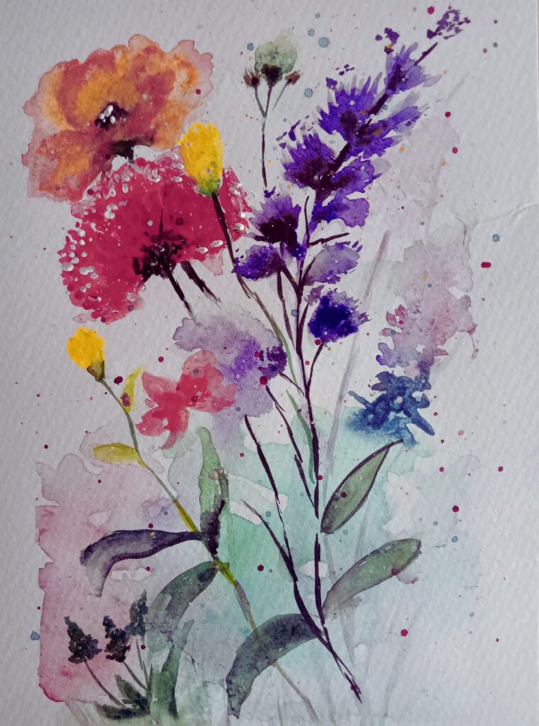 A vibrant bouquet of wildflowers in a kaleidoscope of colors, swaying playfully as if caught mid-laughter in the summer breeze.
