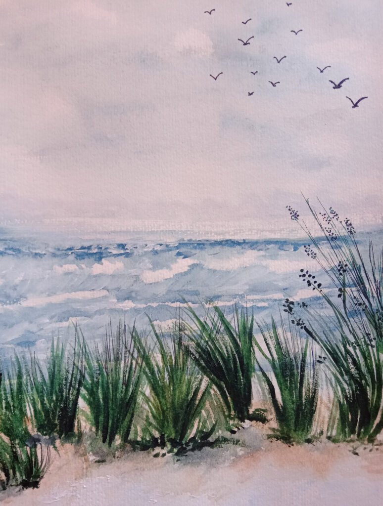 Seaside landscape painting with windswept grasses, ocean waves, and birds in flight