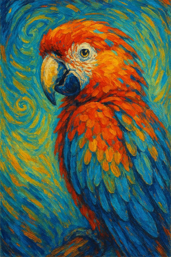 Expressive parrot painted in vivid strokes, soaring with pigment and emotion against a Van Gogh-inspired swirling backdrop