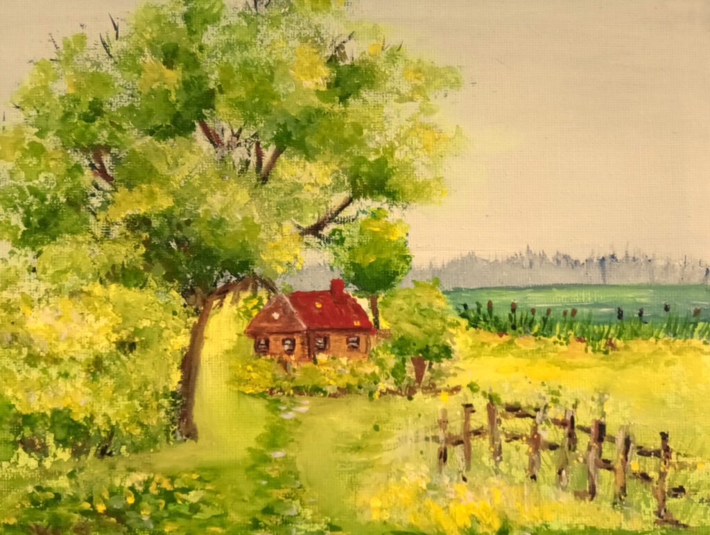 A vibrant countryside scene featuring a bold red-roofed house nestled among expressive green trees, with a winding lane leading toward a distant lake framed by reeds. The atmosphere evokes warmth, nostalgia, and the comfort of a dreamlike home.
