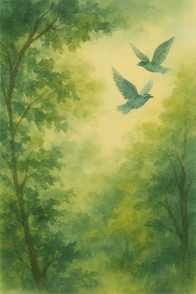 Two doves glide through a sunlit forest, where mist and leaves whisper in watercolor hush.